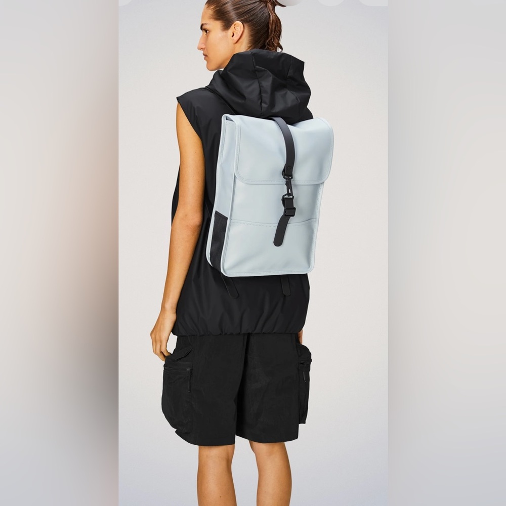 RAINS NWT Ski Blue Mini Backpack with signature waterproof PU Fabric.